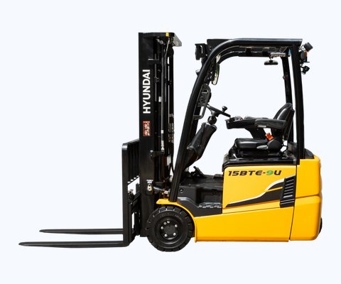 Hyundai 15BTE-9U van opzij met mast, beschermdak en 3-wiel onderstel