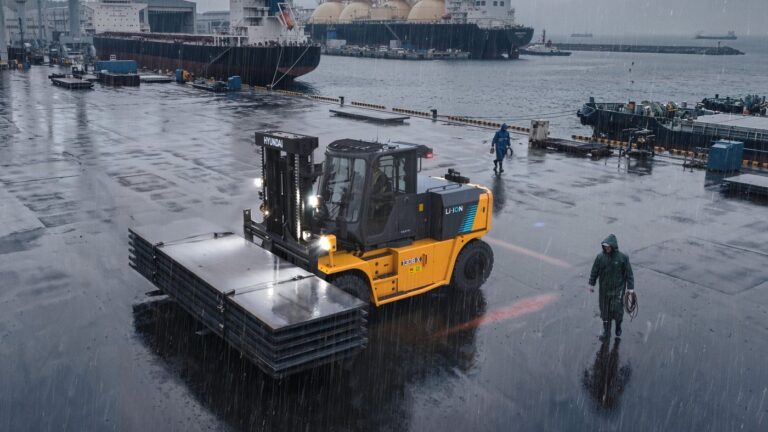 Hyundai B-X van 10 tot 13 ton met staalplaten op een nat terrein